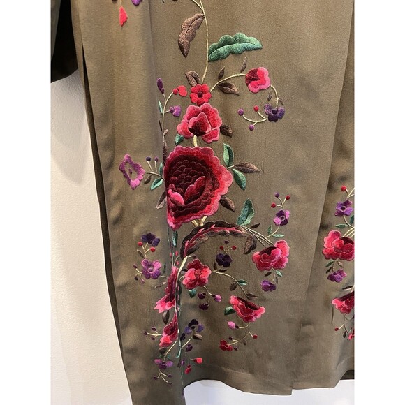 Sue Wong 100% Silk Olive Green Embroidered Flowers Kimono Duster Tunic Lined - Picture 2 of 13